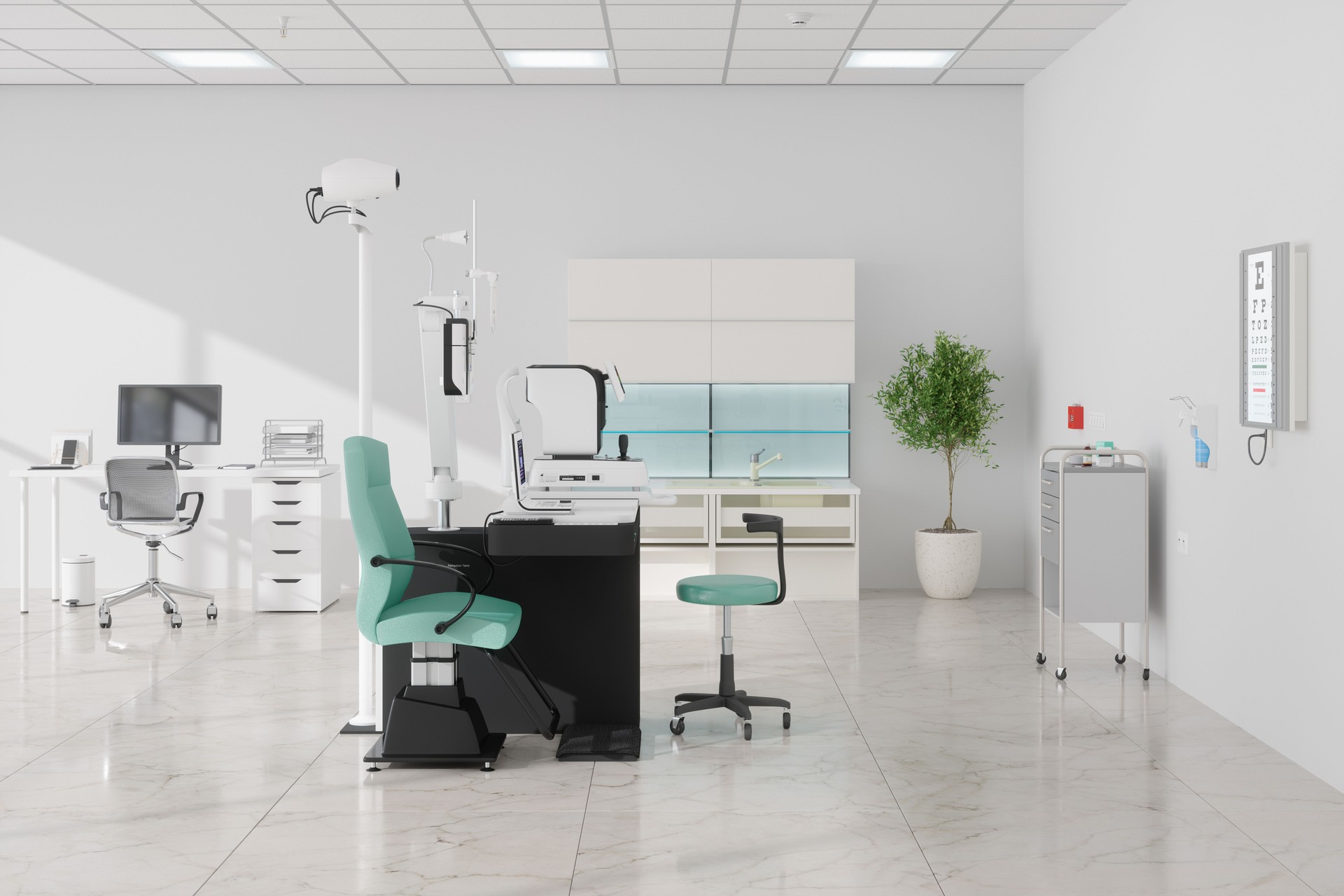 Empty Ophthalmology Clinic With Medical Equipments, Table, Computer And Potted Plant